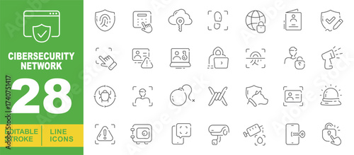 CybersecurityNetwork line icon set. Vector pictograms of browserShield, fingerprintShield, pinpad, cloudKey, bootprint, globeLock, idCard, shieldCheckmark, cardAlert, laptopLock. Editable stroke