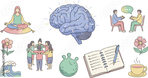 Mental health illustration with brain, meditation, therapy, community support, journaling, mindfulness, self-care, relaxation, wellness, counseling, emotional balance, stress relief