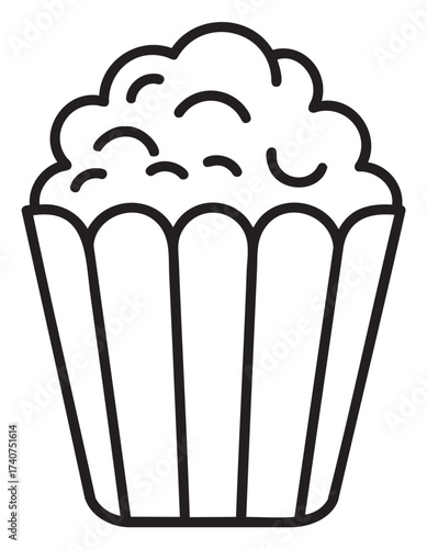 Black outline icon of a simple popcorn bucket with rounded kernels, ideal for cinema, snack, and entertainment concepts.