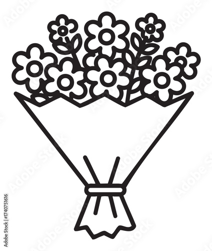 Black outline vector icon of a simple bouquet of flowers wrapped with paper. minimal linear design for floral, decoration, and gift concepts.