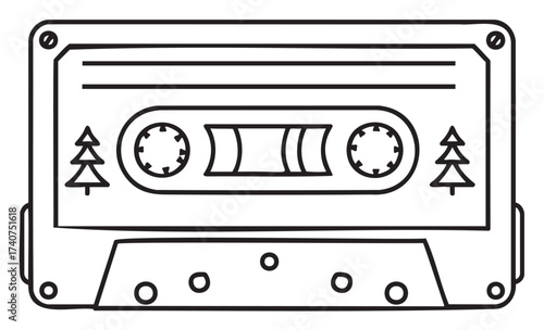 Black outline drawing of a vintage audio cassette tape with tree motifs, highlighting its spools and tape window, ideal for retro and music themes.