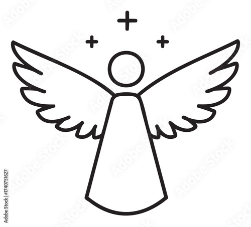 Black outline icon of a stylized angel with wings and three cross symbols above, suitable for religious and spiritual themes.