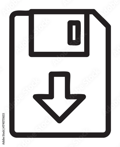 Black outline icon of a floppy disk with a downward arrow symbol, representing downloading or saving a file.