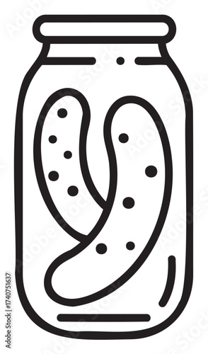 Black outline icon of a glass jar containing two pickles with visible speckles, representing food preservation and culinary concepts.