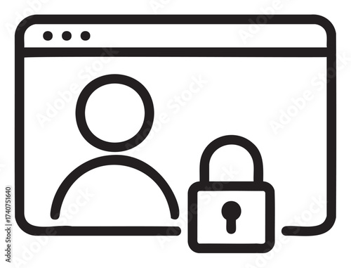 Black outline icon depicting a user profile within a browser window with a padlock, symbolizing online security and privacy.
