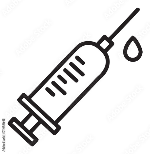 Black outline icon of a syringe with a drop symbol, representing medical injection and healthcare concepts.