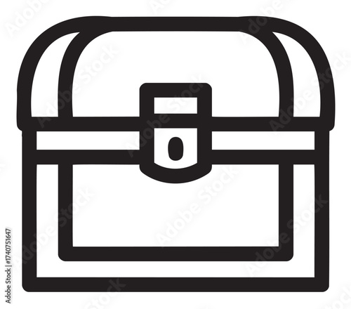 Black outline of a closed treasure chest with a rectangular body and a curved lid, featuring a central latch and simple linear design.