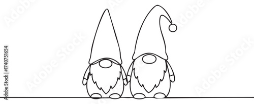 Black outline drawing of two whimsical gnomes with long beards and tall pointy hats, standing side by side.