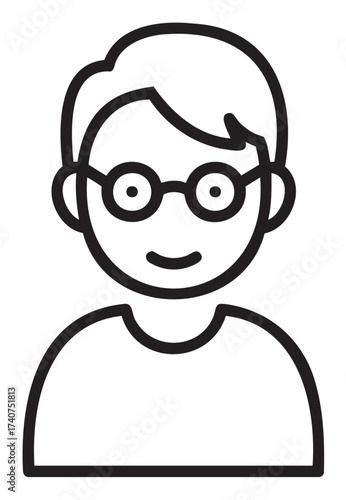 Black outline vector icon of a young caucasian male wearing glasses. minimal linear illustration representing a casual, intelligent appearance.