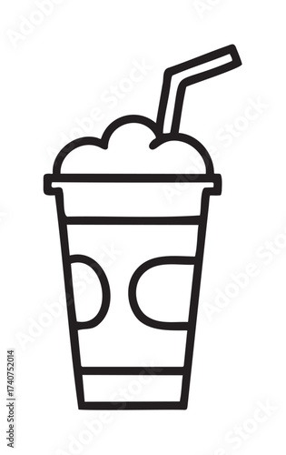 Black outline vector icon of a frothy beverage in a cup with a straw inserted, perfect for themes of drinks, refreshment, and leisure.