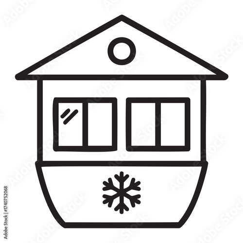 Black outline icon of a snow-covered mountain cabin with a simple design, featuring a snowflake symbol and two-pane window.