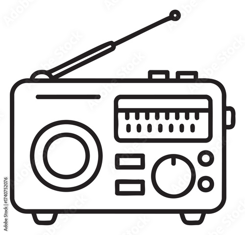Black outline drawing of a retro-style portable radio with an extended antenna and control dials, showcasing a classic design.