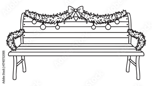 Black and white illustration of a slatted bench decorated with a garland, bow, and hanging ornaments for a festive celebration.