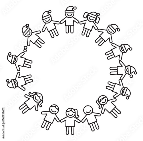 Simple black outline of children holding hands in a circle, with some wearing festive hats, conveying unity and celebration.