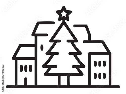 Simple black outline of a christmas tree with a star on top surrounded by buildings, ideal for holiday themes and winter celebrations.