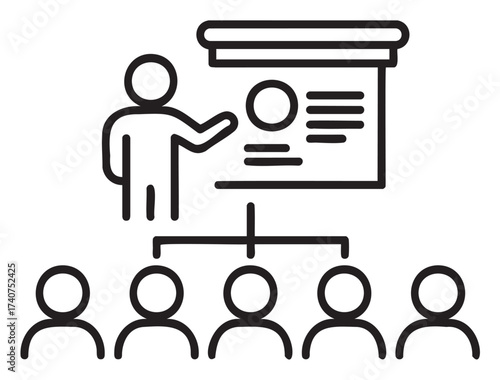Simple black outline icon depicting a person giving a presentation to an audience, with a chart or screen showing data.