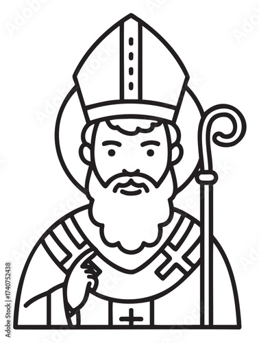 Black outline vector icon of a religious figure wearing a mitre and holding a crozier, depicted in a minimal linear style.