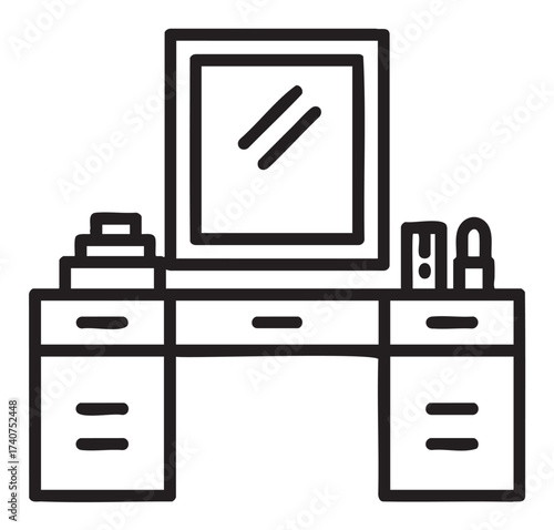 Black outline vector icon of a vanity table with a mirror, drawers, and assorted beauty products on the surface.