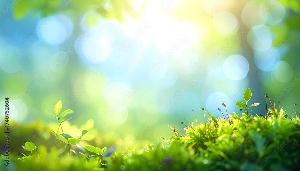 Fototapeta premium Lush green moss and tiny plants bathed in soft sunlight filtering through a blurry, bright forest canopy