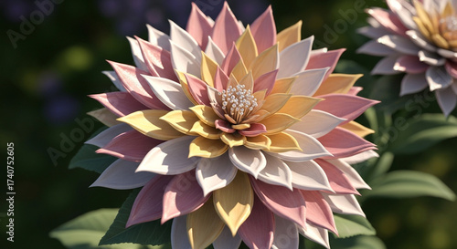 A captivating dahlia flower showcases delicate petals in pastel shades of pink, yellow, and white, creating a soft and dreamy floral arrangement