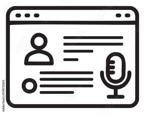 Black outline icon of an online podcast interface with user profiles and a microphone. minimal graphic for digital media and broadcasting concepts.