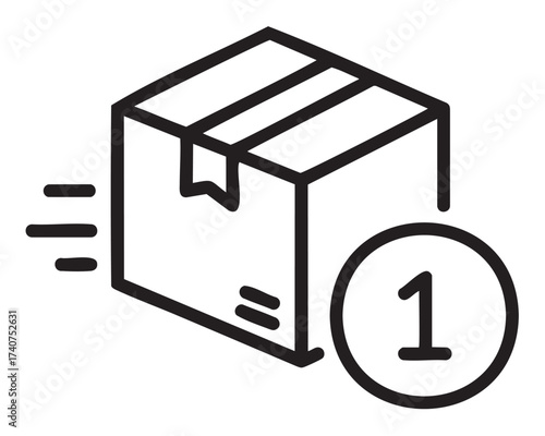 Black outline icon of a moving cardboard box with a number one, indicating priority or immediate delivery.