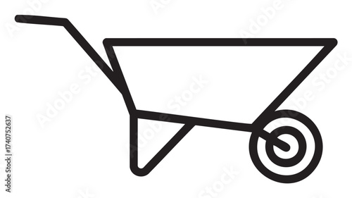Simple black outline of a manual wheelbarrow with a single wheel and a sturdy handle for easy maneuvering in gardens and construction sites.