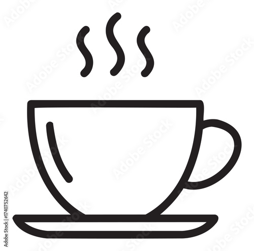 Black outline vector icon of a steaming coffee cup on a saucer, suitable for concepts of beverage, cafe, and breakfast.