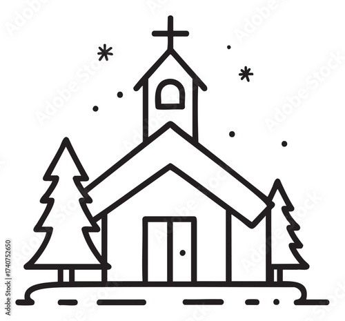 Black outline icon of a simple church with a cross and bell tower, surrounded by two pine trees and star-like decorations.