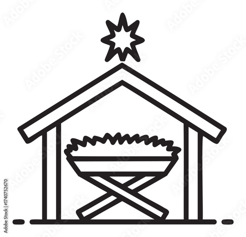 Simple black outline icon of a stable with a manger and a star above, symbolizing a nativity scene.