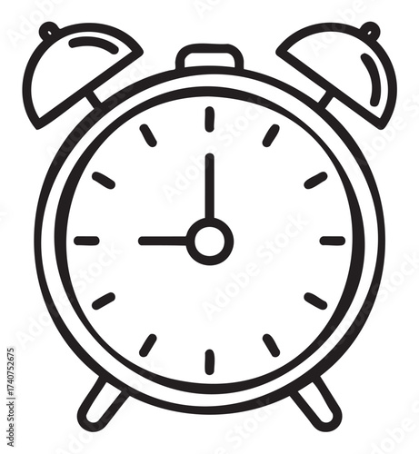 Black outline icon of a classic twin-bell alarm clock showing 10 o'clock. simple linear design for timekeeping and punctuality themes.
