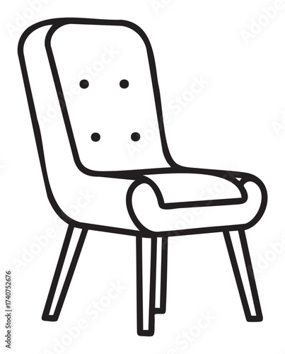 Black outline of a minimalist chair with a high backrest and four legs, featuring a cushioned seat and button detailing.