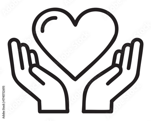 Black outline icon of two hands gently holding a heart symbol, representing love, care, and protection.
