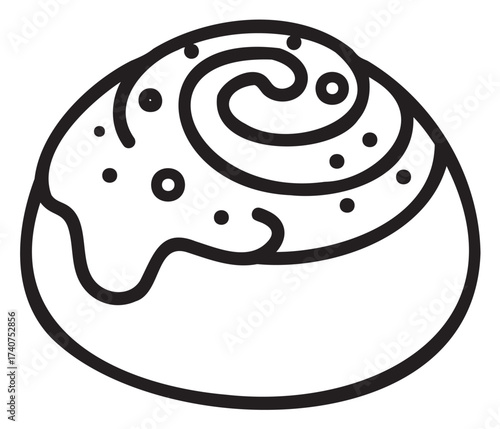 Black outline icon of a cinnamon roll with icing and a spiral pattern, symbolizing sweet bakery goods in a minimalistic style.
