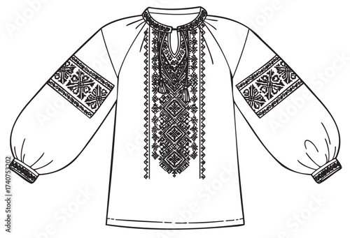 Black outline of a traditional ukrainian embroidered blouse with intricate geometric patterns and long, wide sleeves.