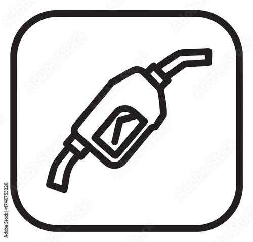 Black outline icon of a fuel pump nozzle with a square border, symbolizing refueling, energy, and gasoline concepts.