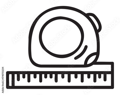 Black outline icon of a tape measure with a rectangular ruler, depicting tools for measurement and construction concepts.