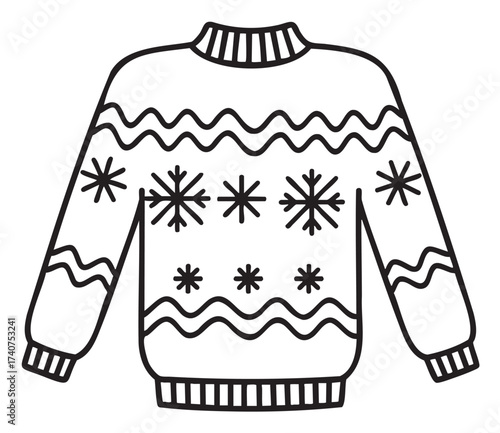Black outline drawing of a simple winter sweater with snowflake and zigzag patterns, featuring ribbed cuffs and neckline.
