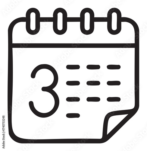 Black outline icon of a calendar with a curled page corner and a large number three, featuring a spiral binding on top.