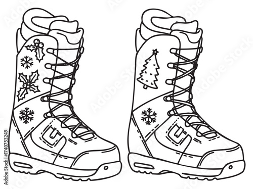 Black outline drawing of snowboarding boots decorated with holly, snowflakes, and a christmas tree, designed for winter sports enthusiasts.