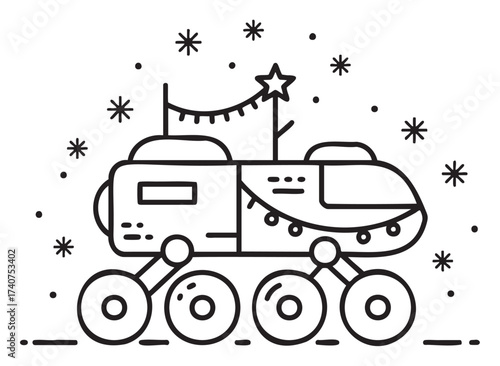 Black outline vector of a futuristic six-wheeled lunar rover with a star decoration and festive lights under a starry sky.