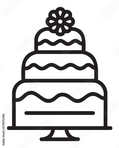 Black outline icon of a three-tiered cake topped with a flower, featuring wavy decorative lines.