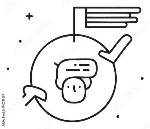 Simple black outline icon of an astronaut's face within a circle, featuring a flag and checkmarks, evoking themes of exploration and space.