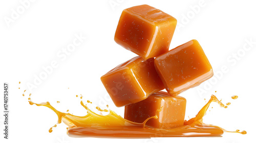 Floating caramel cube stack background isolated on a Transparent background, PNG file.