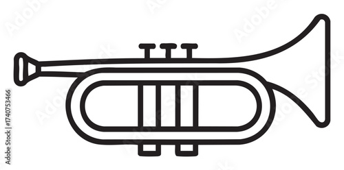 Black outline of a simple trumpet with three valves and a flared bell, commonly used in jazz and classical music performances.