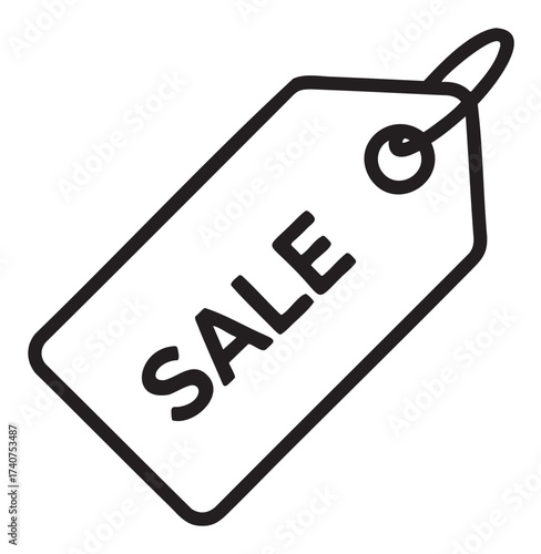 Black outline icon of a rectangular price tag with the word "sale" prominently displayed in the center, indicating a discount or promotion.