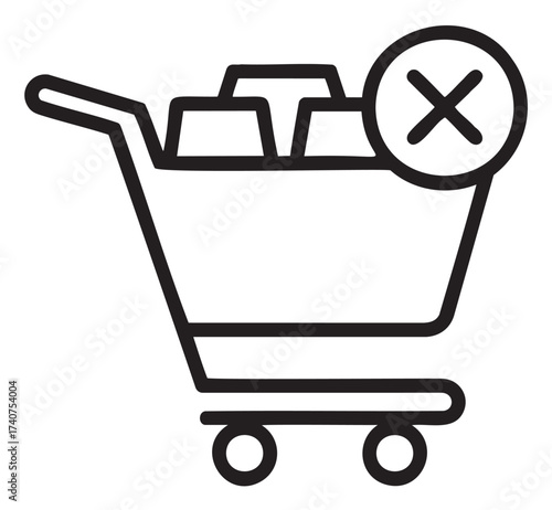 Black outline icon of an empty shopping cart with a cross sign indicating unavailable items.
