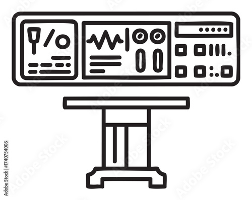 Black outline of a control panel with various knobs, buttons, and displays, mounted on a sturdy stand.