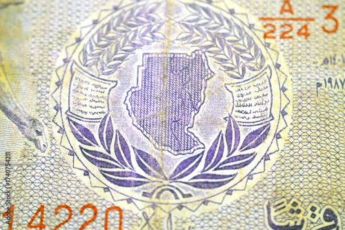 map of Sudan marked by branches of laurel and wheat separated by a strip with inscriptions, from the obverse side of 25 twenty five Sudanese piastres cash money banknote, old Sudanese money banknote