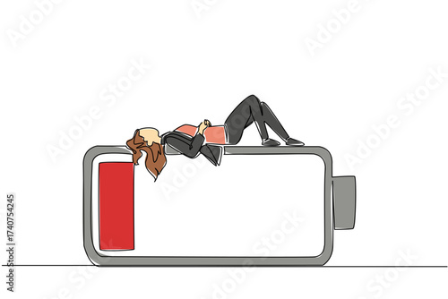 Single continuous line drawing a businesswoman falls asleep on a low battery. Recharge the depleted energy. Sleep to restore energy. Chronic Fatigue Syndrome Day. One line design vector illustration
